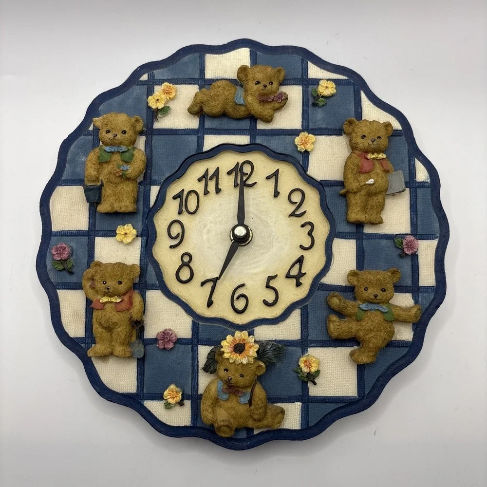 Vintage Resin Teddy Bear Kids Nursery Wall Hanging Clock Blue Check Not Working‎